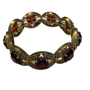 Vintage Monet Gold Tone Red Beaded Stretchy Bracelet